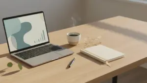 Dijital dönüşüm — laptop, defter ve kahve ile çalışma masası